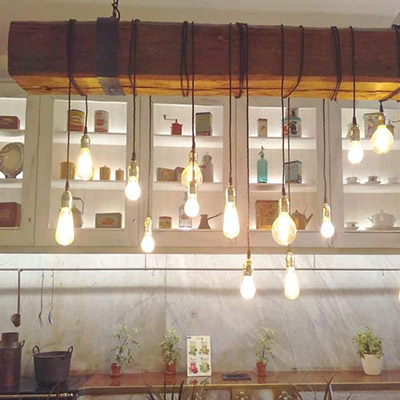 luminaria vintage bombillas vintage viga de madera