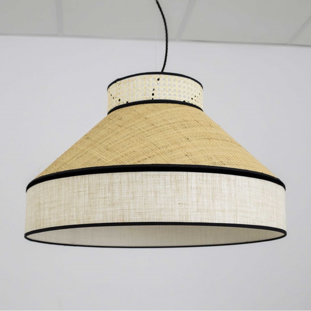 beige linen and raffia fabric lampshade Vintage pendant lamp