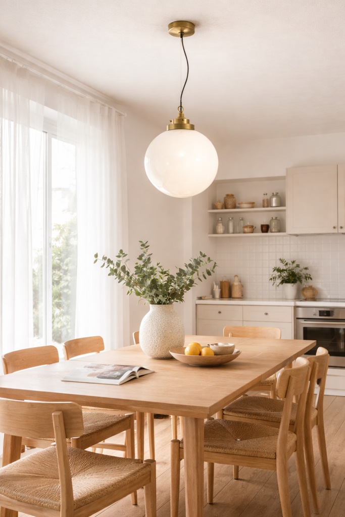 Lámparas colgantes discretas tipo globo o cilindro: aportan interés sin saturar visualmente