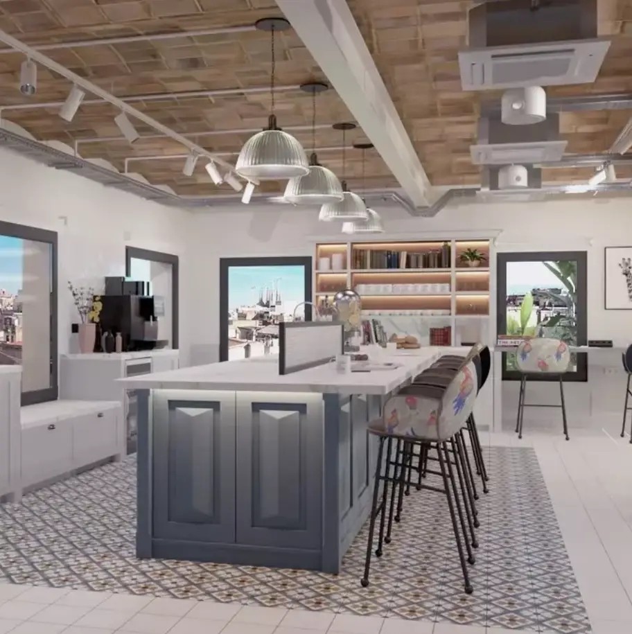 Cocina moderna con isla central, taburetes altos y lámparas colgantes sobre techo de madera.