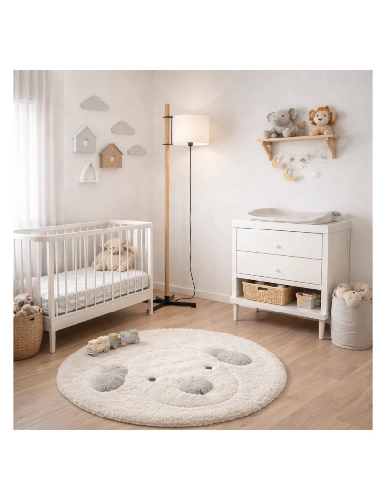 Lámpara de pie con base de madera y pantalla blanca en una habitación infantil con cuna, cómoda y decoración suave.