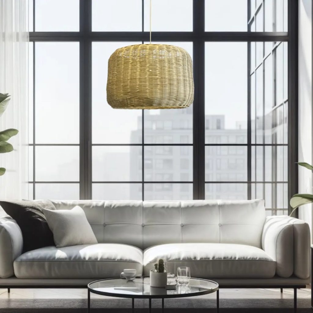 Salón moderno con sofá claro, mesa de centro y lámpara colgante de fibras naturales frente a grandes ventanales.