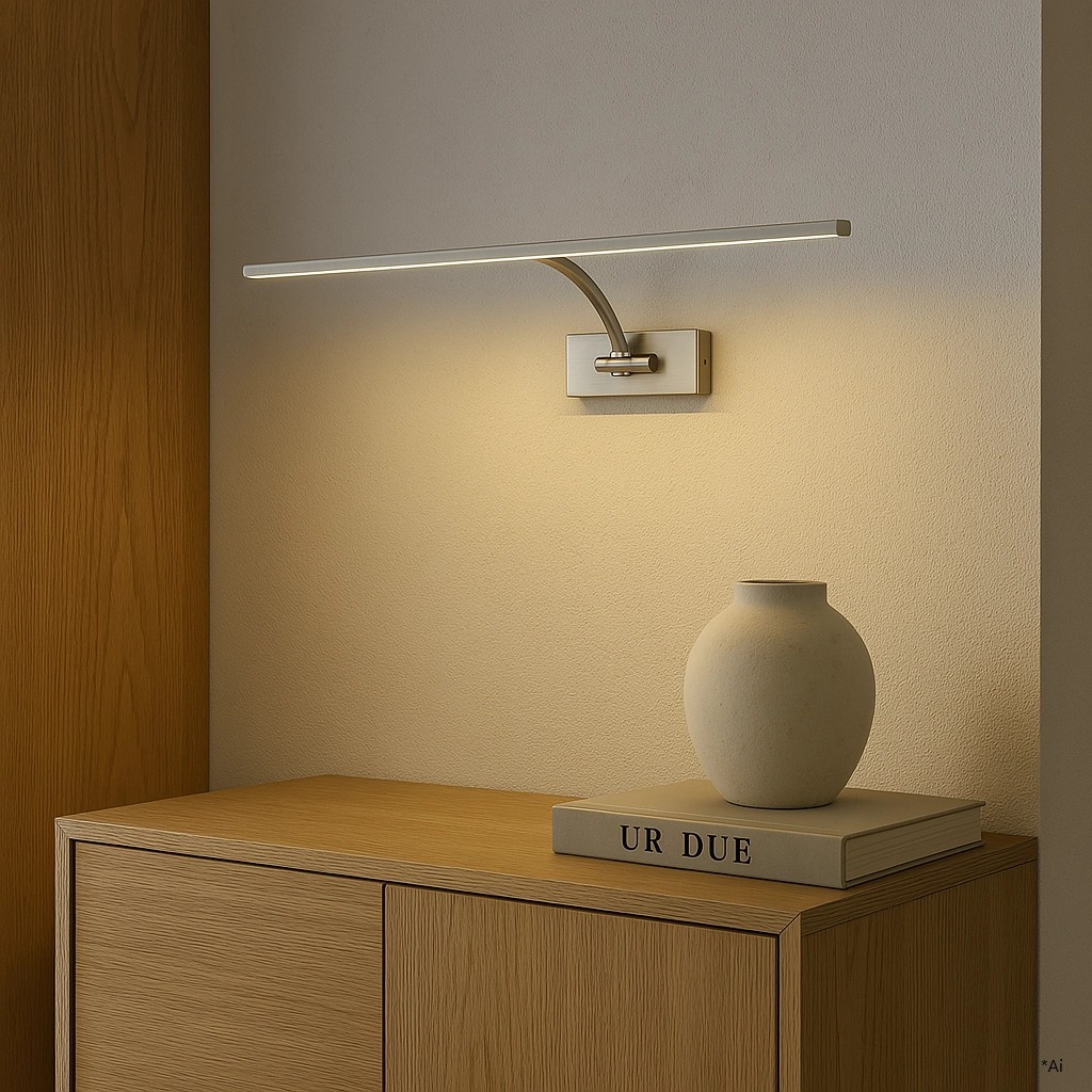 Aplique de pared moderno tipo LED sobre mueble de madera con jarrón decorativo, iluminación cálida y minimalista.