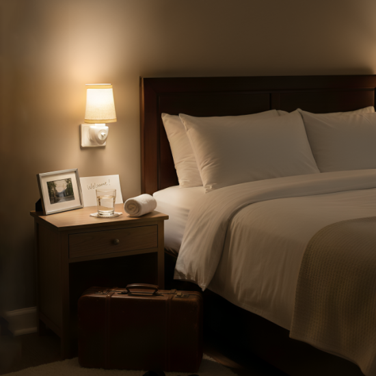 Dormitorio acogedor con lámpara de pared encendida, cama con ropa blanca y mesita de noche con detalles decorativos.