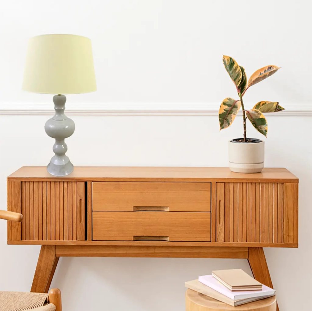 Mueble de madera con lámpara de mesa clásica y planta decorativa en un interior luminoso y minimalista.