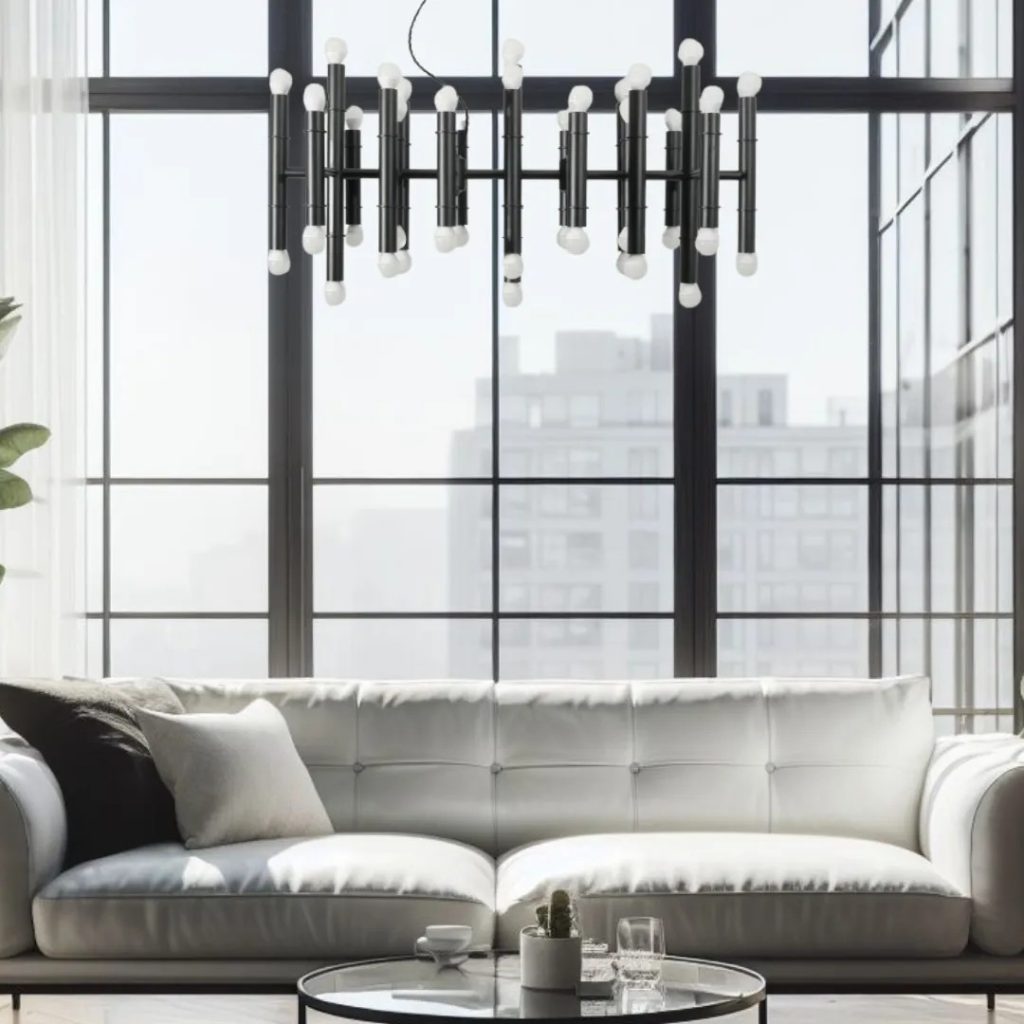 Lámpara colgante moderna en acabado negro con múltiples puntos de luz cilíndricos en un salón contemporáneo de grandes ventanales.