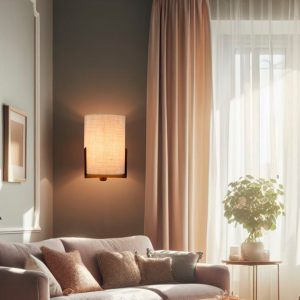 Aplique de pared con pantalla de tela iluminando un salón acogedor con cortinas, sofá y luz natural.