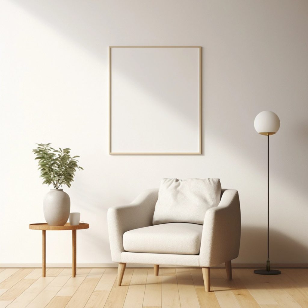 Lámpara de pie minimalista con globo blanco junto a butaca beige en un rincón de lectura luminoso.