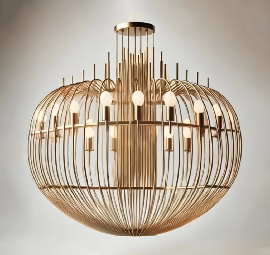 Gran lámpara colgante escultórica de metal dorado con varillas curvas y múltiples puntos de luz de estilo contemporáneo.