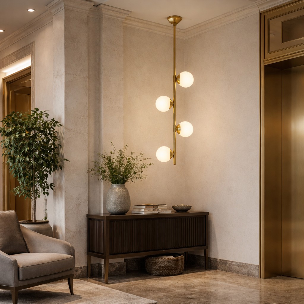 Elegante rincón interior con lámpara colgante vertical moderna de cinco globos, consola de madera y plantas decorativas.