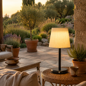 Lámpara de sobremesa exterior con pantalla beige y base negra en terraza mediterránea con iluminación cálida al atardecer.