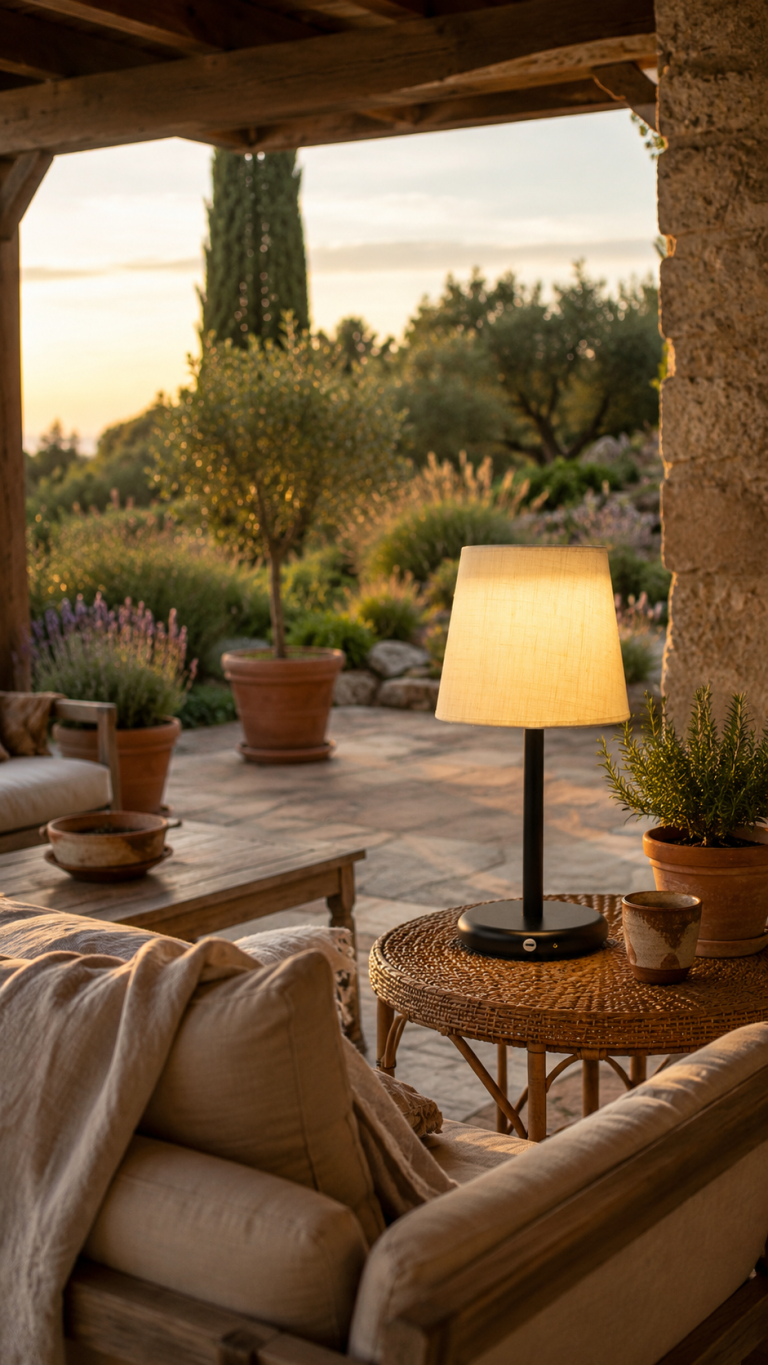 Lámpara de sobremesa exterior con pantalla beige y base negra en terraza mediterránea con iluminación cálida al atardecer.