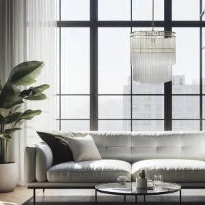 Lámpara colgante de cristal con varillas transparentes instalada en salón moderno con sofá blanco y grandes ventanales.