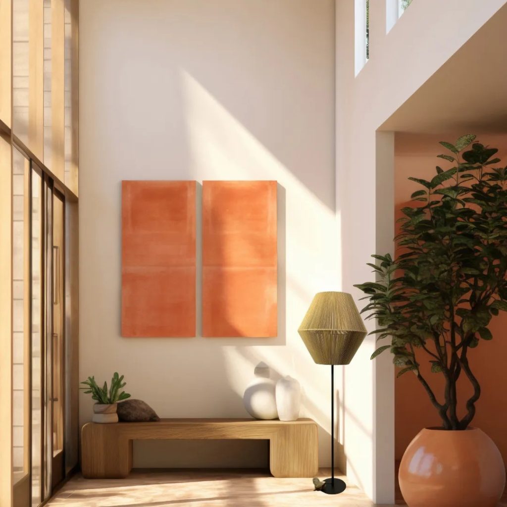 Lámpara de pie con pantalla de fibras naturales instalada en recibidor moderno con luz natural y decoración mediterránea.