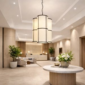 Lámpara colgante de gran formato con pantallas cilíndricas de tela instalada en lobby de hotel moderno.