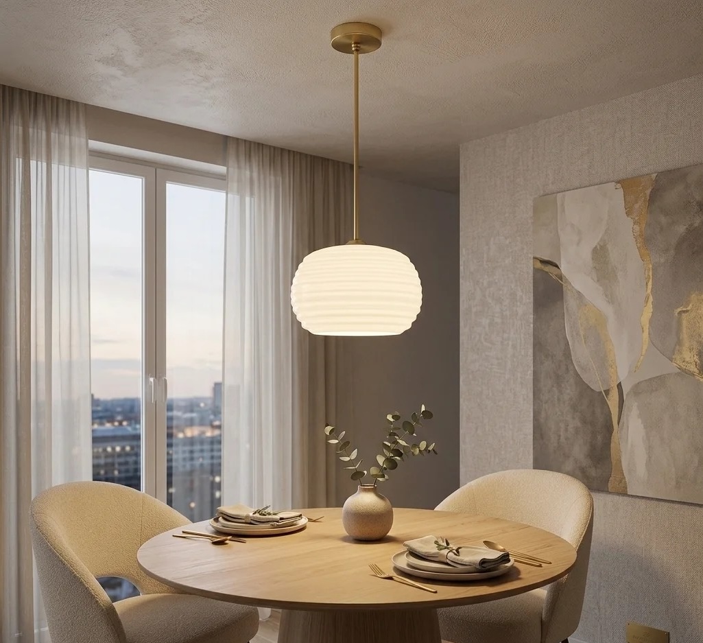 Lámpara colgante de techo con tulipa blanca ondulada en comedor elegante y luminoso