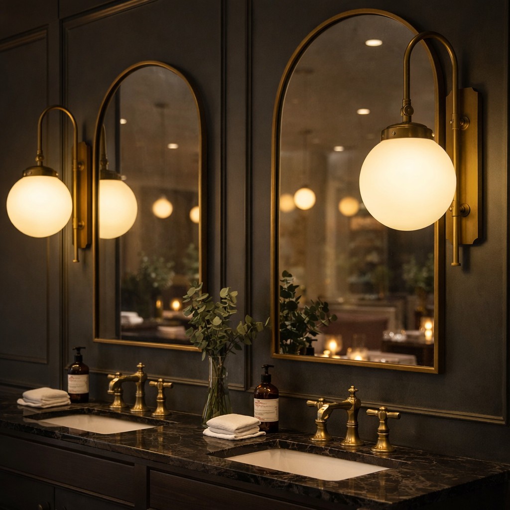 Aplique de pared en latón con globo de cristal opal instalado junto a espejo en baño elegante.