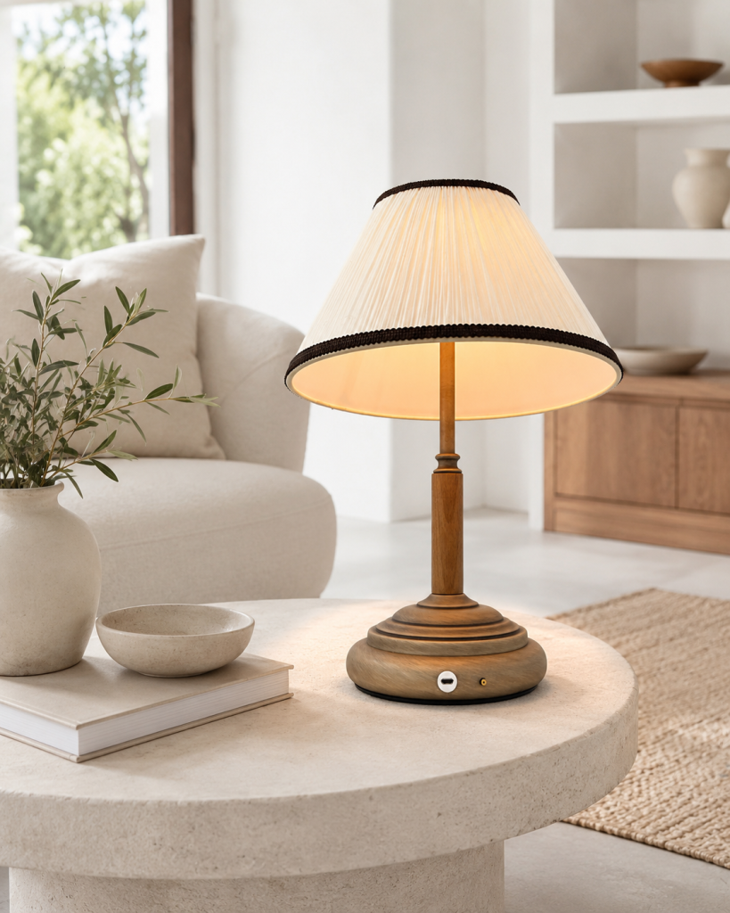 Lámpara de sobremesa vintage con base de madera, pantalla plisada beige e iluminación cálida.