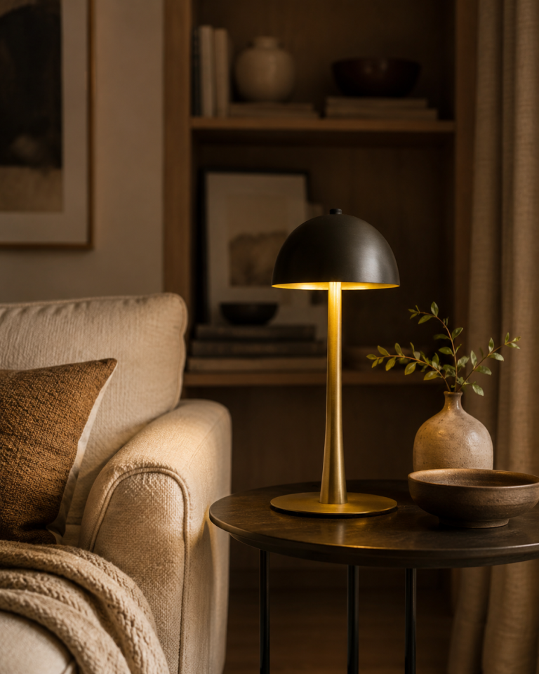 Lámpara de sobremesa vintage en acabado dorado oscuro con pantalla semiesférica e iluminación cálida.