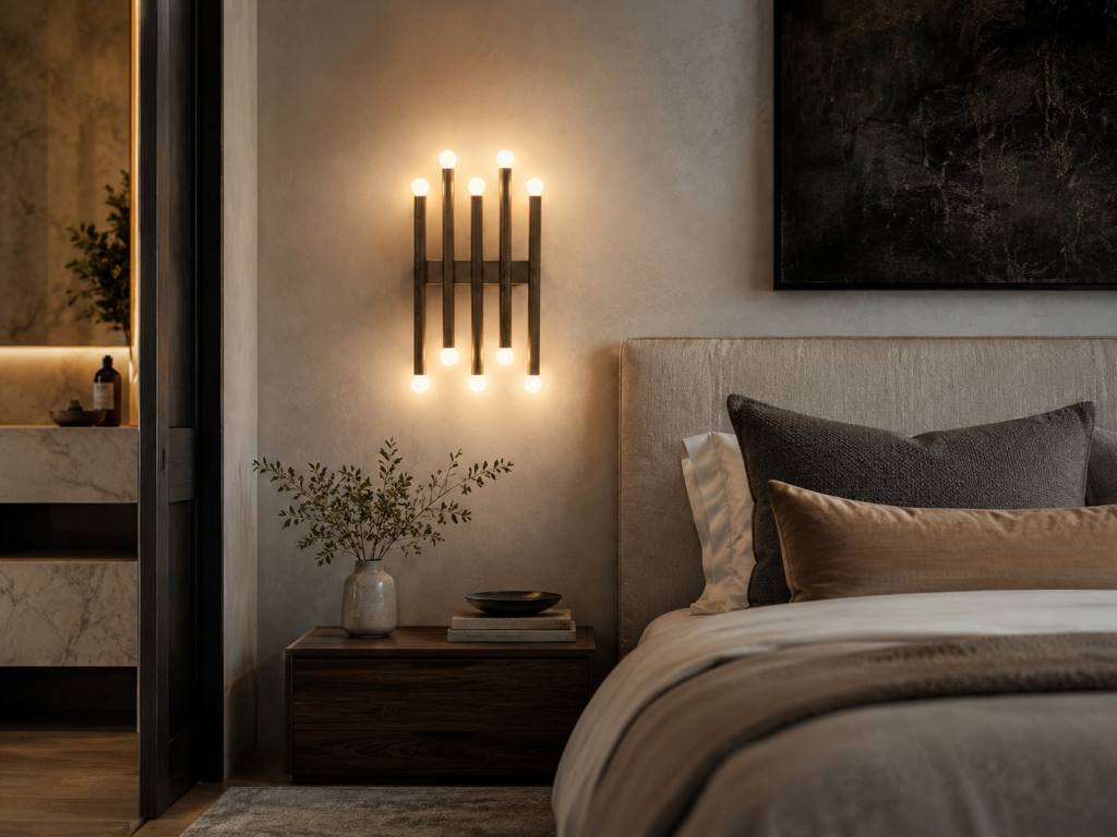 Aplique de pared vertical con bombillas vistas iluminando un dormitorio elegante y cálido