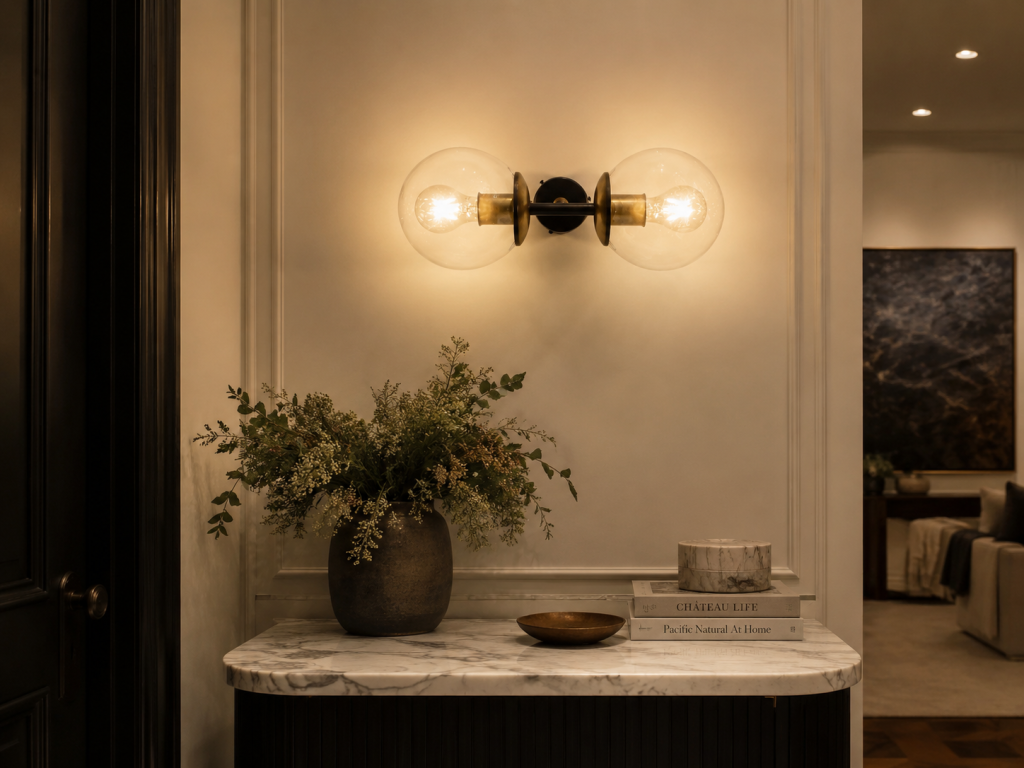 Aplique de pared vintage con dos bolas de cristal iluminando una entrada elegante