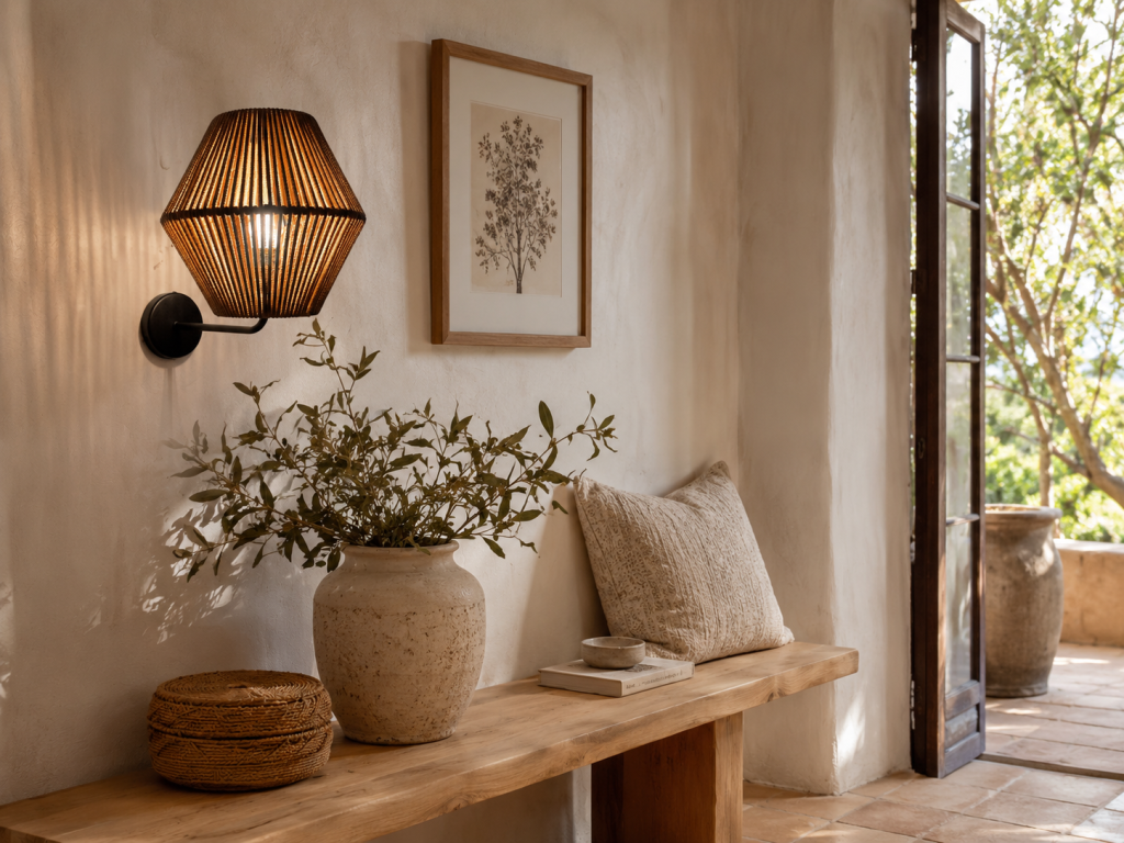 Aplique de pared rústico con pantalla de cuerda iluminando un recibidor cálido y natural