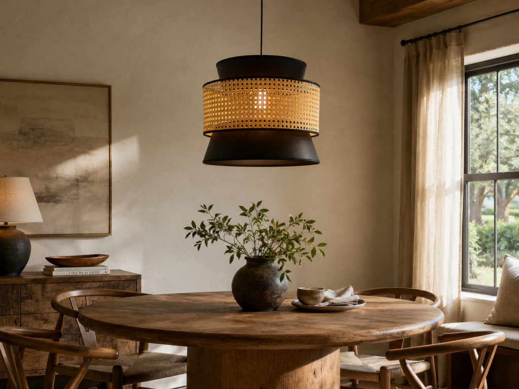 Lámpara colgante de fibras naturales y metal negro sobre mesa de comedor rústica