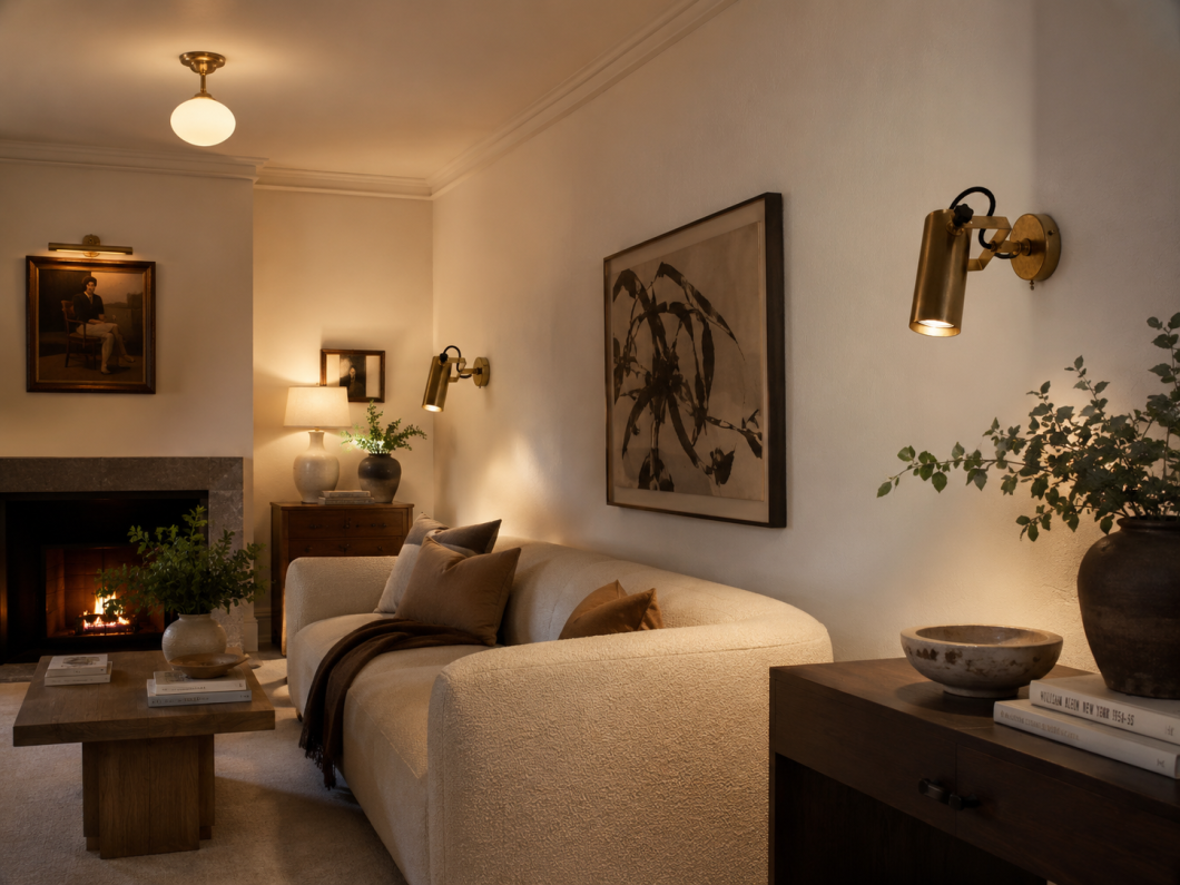 Apliques de pared dorados iluminando un salón elegante con sofá curvo y chimenea