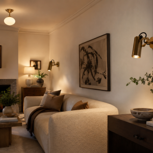 Apliques de pared dorados iluminando un salón elegante con sofá curvo y chimenea