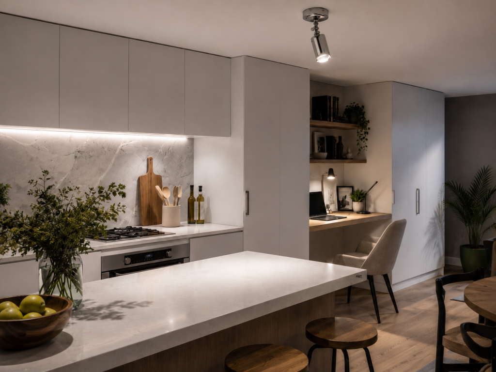 Foco orientable cromado instalado en cocina moderna con isla de mármol y zona de trabajo