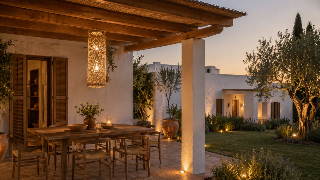 Lámpara colgante de fibras naturales en terraza mediterránea con pérgola de madera, jardín e iluminación cálida al atardecer.
