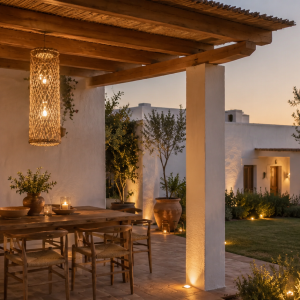 Lámpara colgante de fibras naturales en terraza mediterránea con pérgola de madera, jardín e iluminación cálida al atardecer.