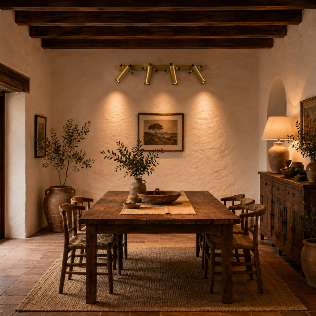 Regleta de focos orientables en acabado dorado iluminando comedor rústico con mesa de madera y paredes blancas.