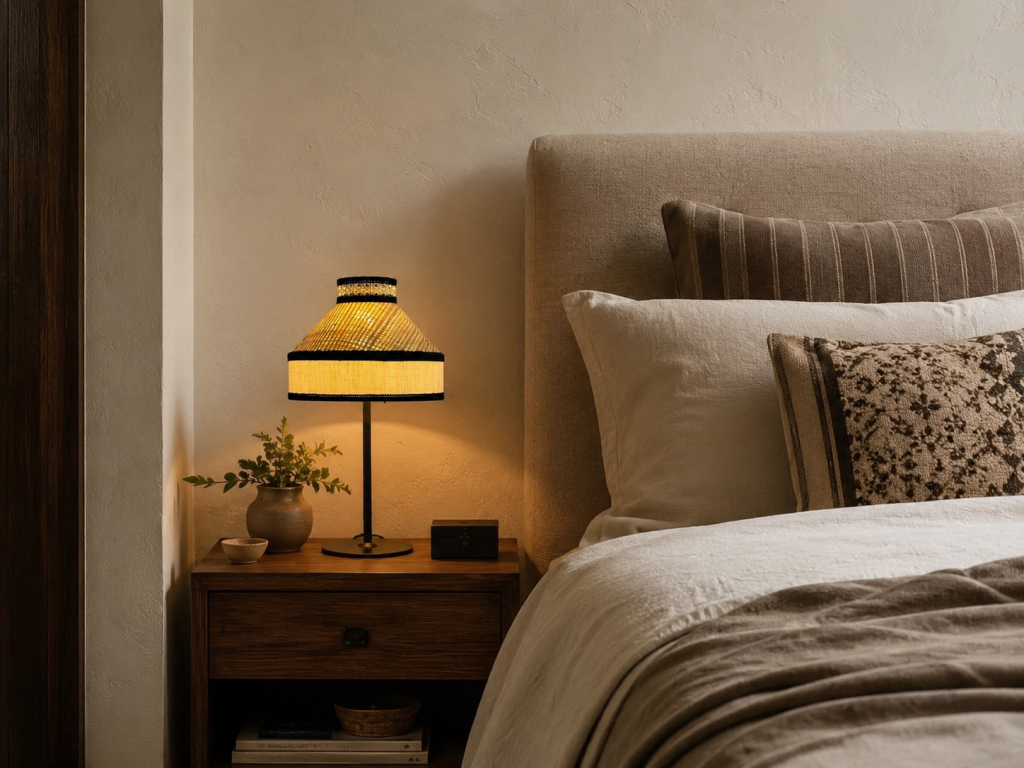 Lámpara de sobremesa con pantalla de fibras naturales y detalles negros sobre mesita de noche en dormitorio acogedor.