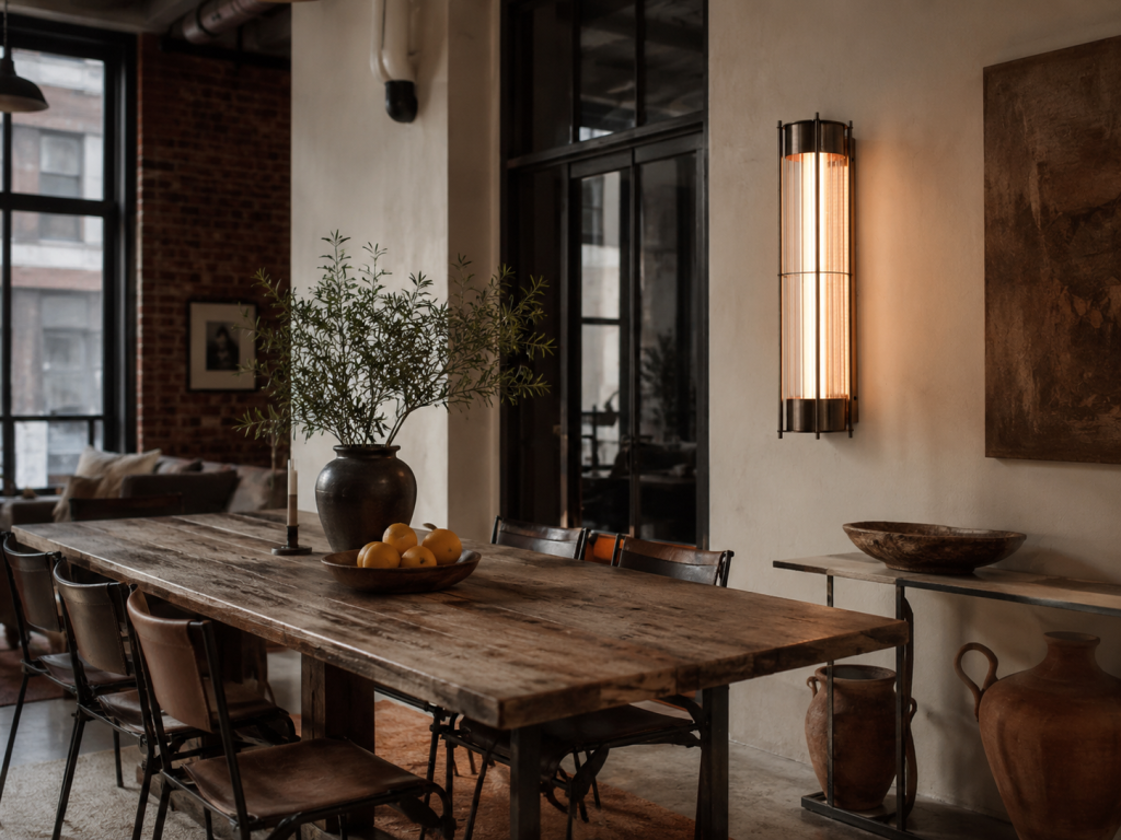 Aplique de pared vertical con tubo de luz cálida y estructura metálica negra en comedor industrial con mesa de madera.