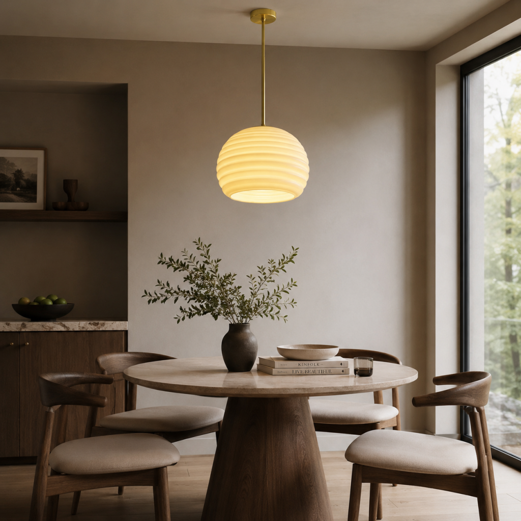 Lámpara colgante de cristal opalino estriado sobre mesa redonda de comedor en interior moderno de tonos neutros.