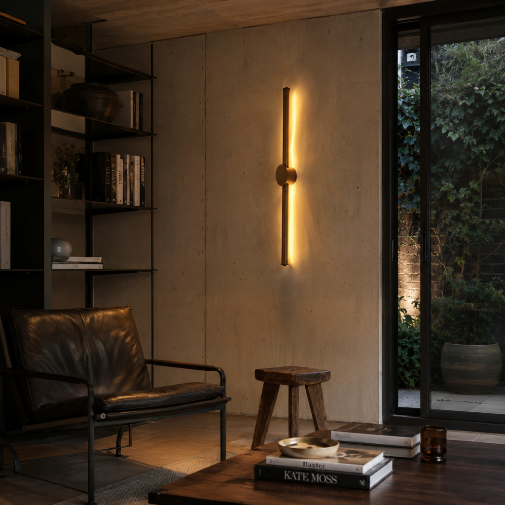 Aplique de pared vertical con luz cálida indirecta en salón industrial con butaca de cuero, estantería y pared de hormigón.