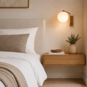 Aplique de pared dorado con globo blanco opalino sobre mesita de noche en dormitorio moderno de tonos neutros.