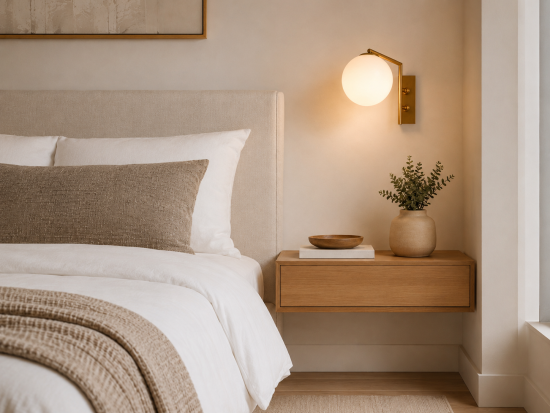 Aplique de pared dorado con globo blanco opalino sobre mesita de noche en dormitorio moderno de tonos neutros.