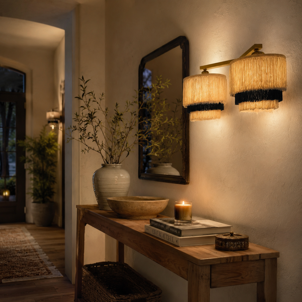 Aplique de pared doble con flecos beige y negros, luz cálida y acabado dorado en recibidor elegante con espejo.