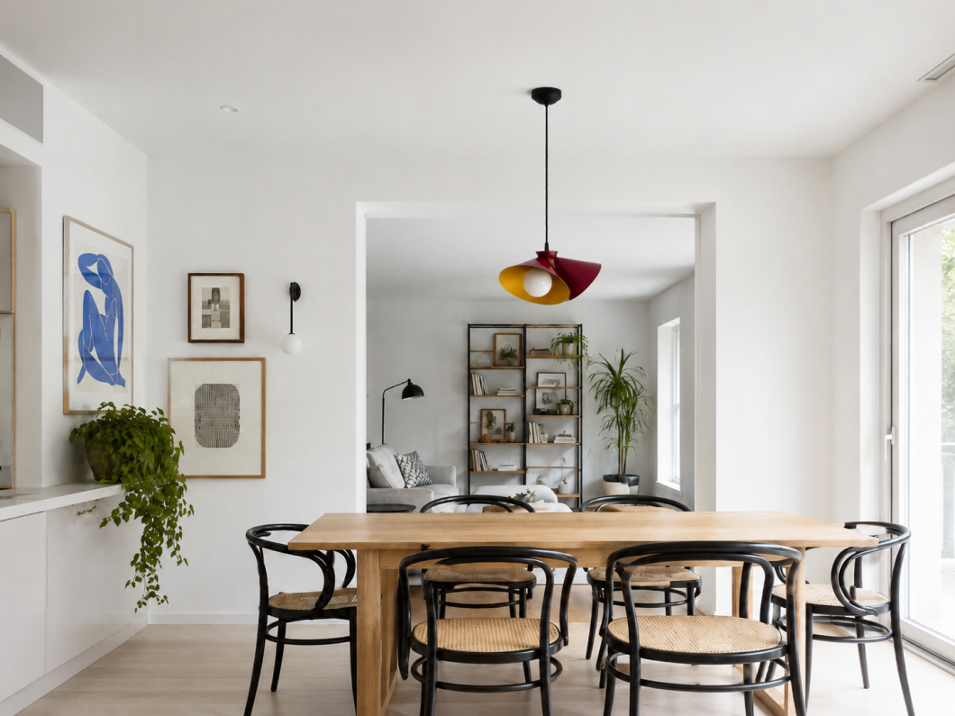 Lámpara colgante roja y dorada sobre mesa de comedor en interior moderno y luminoso