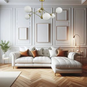 Salón elegante con sofá blanco, molduras en la pared, suelo de madera en espiga y lámpara de techo dorada con globos blancos