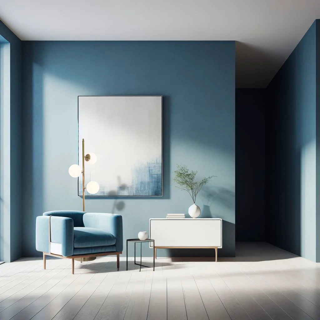 Salón moderno con paredes azul verdoso, sofá azul, aparador blanco y lámpara de pie con globos blancos junto a un cuadro abstracto