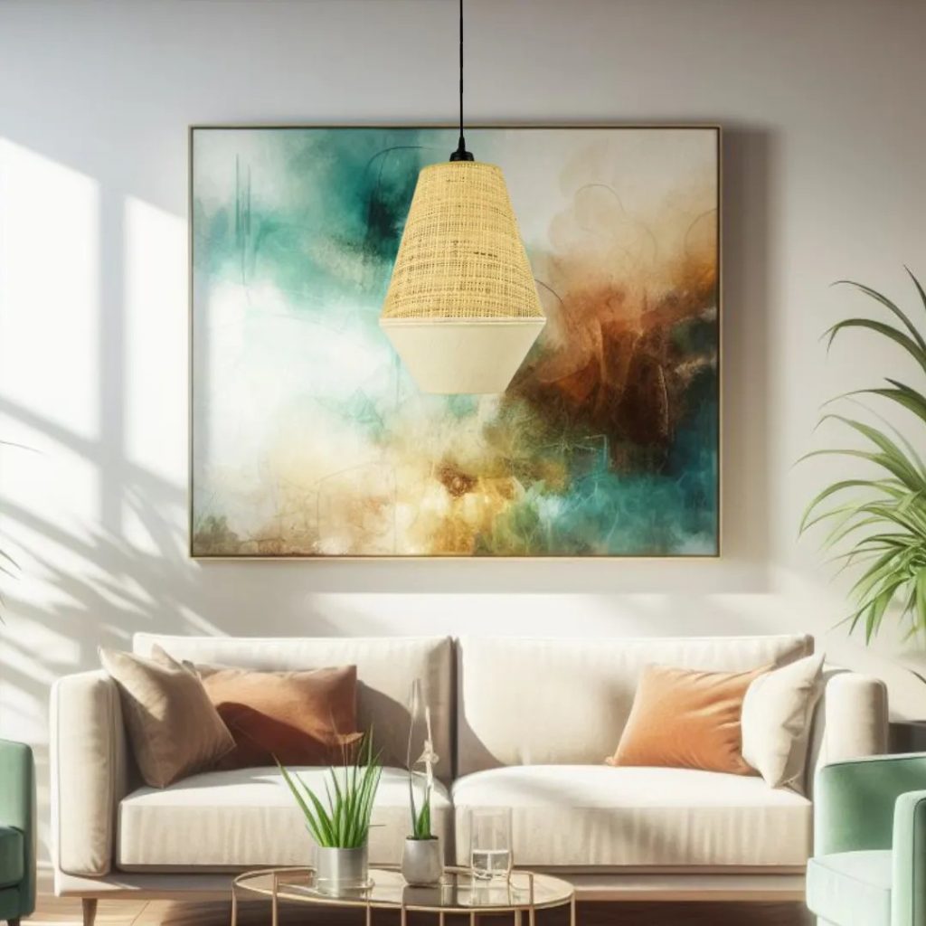 Lámpara colgante de fibra natural con difusor blanco sobre un salón luminoso de estilo contemporáneo.