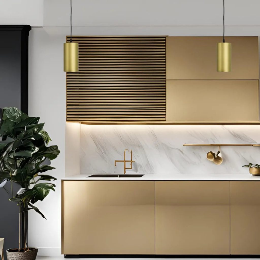 Dos lámparas colgantes cilíndricas doradas sobre una cocina moderna con muebles beige y encimera de mármol blanco.
