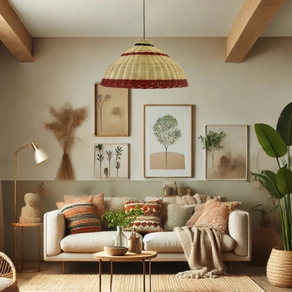 Lámpara colgante de fibra natural con franjas terracota sobre un salón de estilo bohemio en tonos neutros.