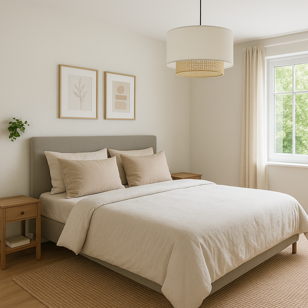 Lámpara colgante con pantalla blanca y detalle de fibra natural instalada en dormitorio luminoso de estilo mediterráneo.
