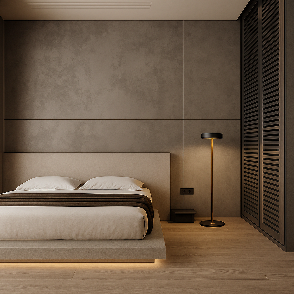 Lámpara de pie LED negra y dorada junto a una cama en dormitorio moderno minimalista