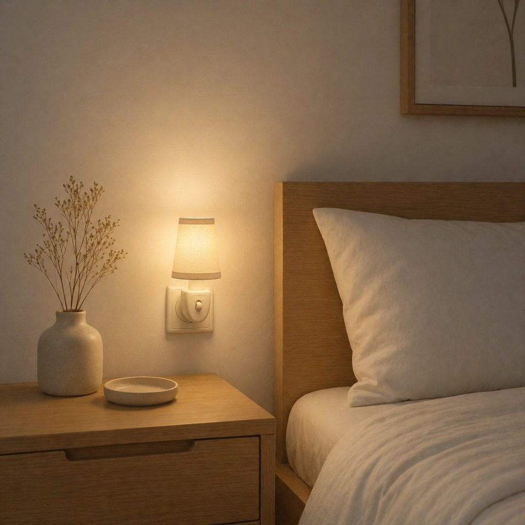 Lámpara de noche de enchufe con pantalla textil instalada junto a cama en dormitorio cálido y minimalista.