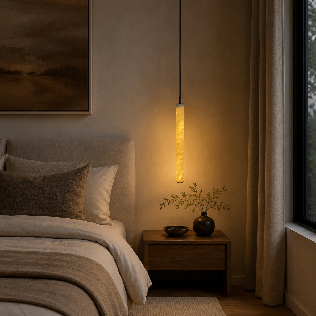 Lámpara colgante tubular con luz cálida instalada junto a cama en dormitorio elegante y acogedor.